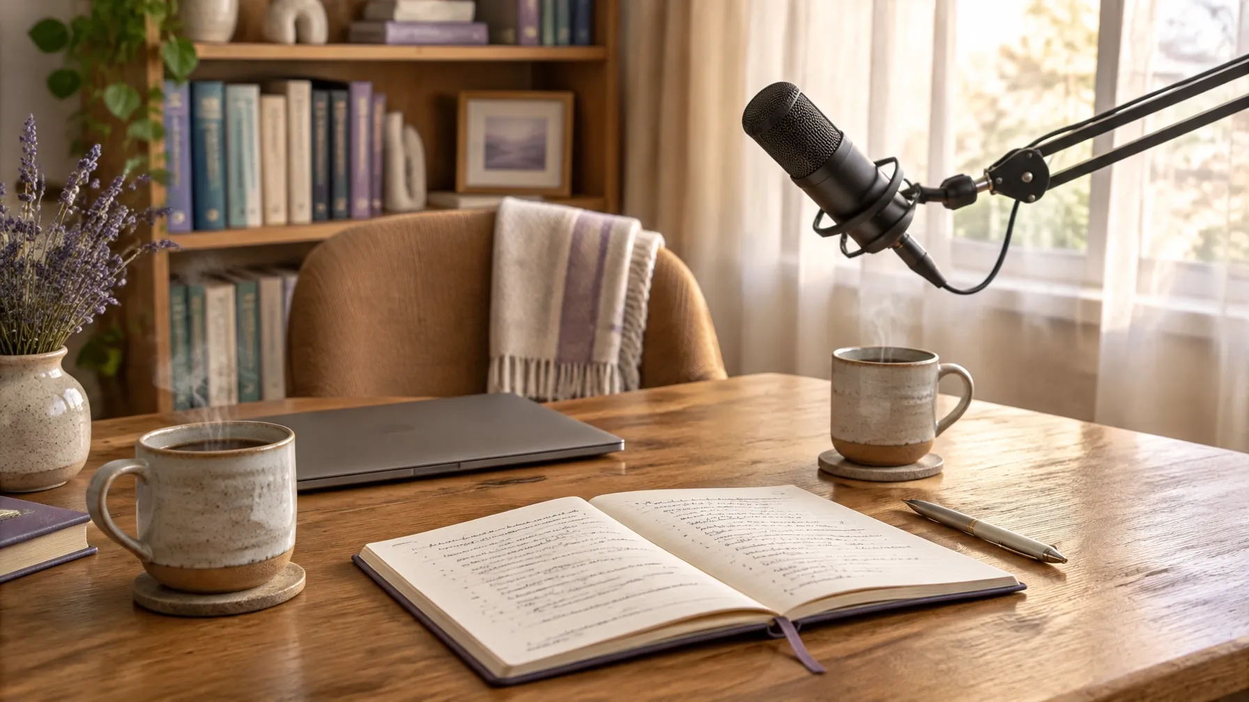 Podcast recording setup: a warm wood desk with a steaming coffee mug, an open notebook and a condenser microphone on a boom arm against a bright window